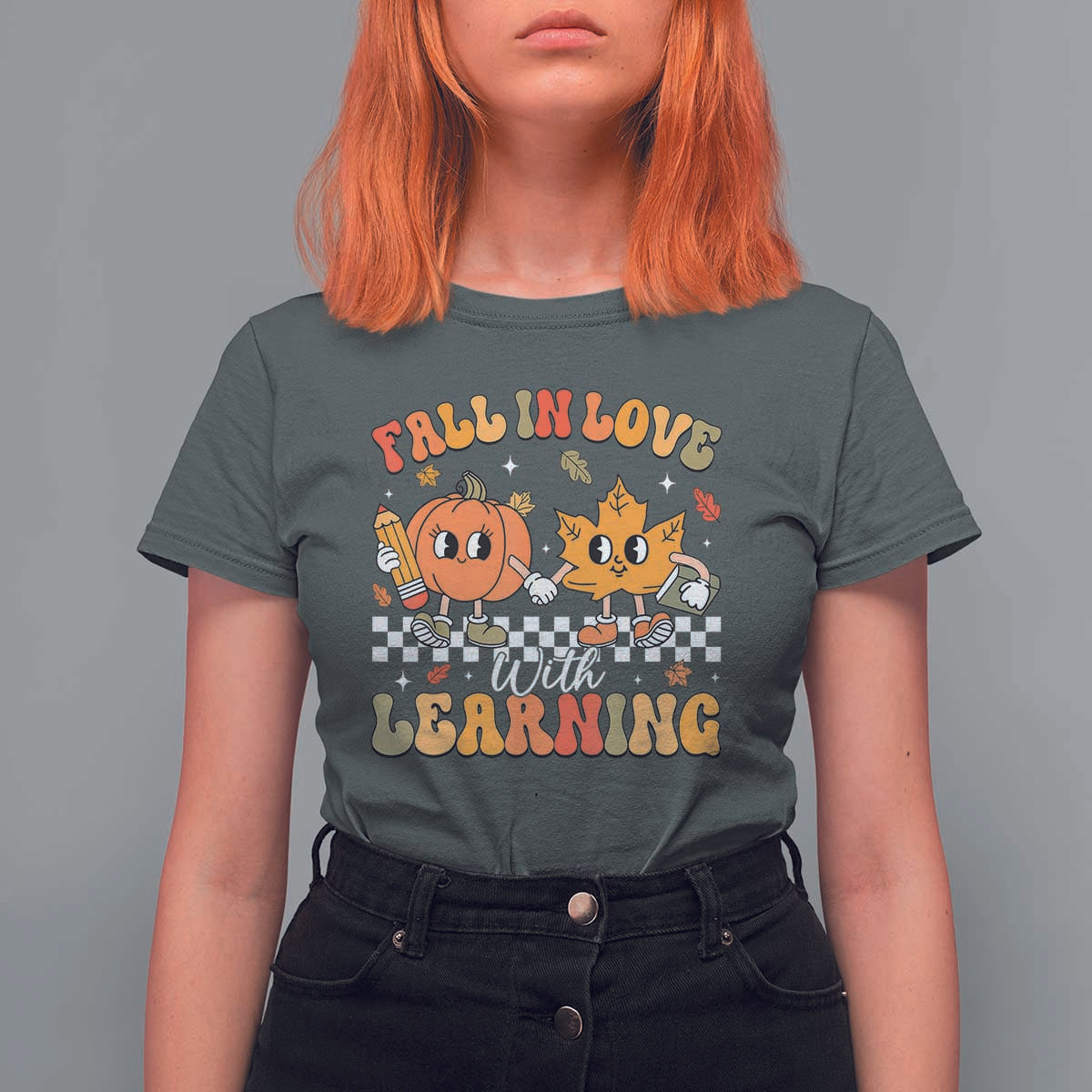 Fall In Love With Learning T Shirt For Women Retro Autumn Pumpkin For Teacher Student - Wonder Print Shop