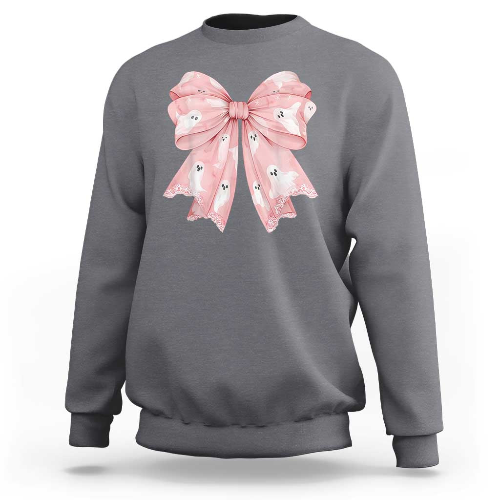 Pink Ghost Bow Coquette Sweatshirt Cute Girlly Boo Sheet Halloween Spooky Season - Wonder Print Shop