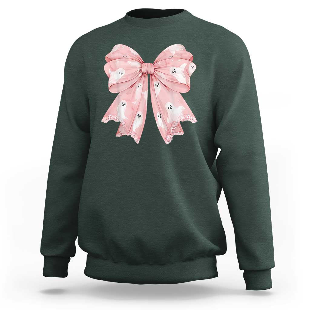Pink Ghost Bow Coquette Sweatshirt Cute Girlly Boo Sheet Halloween Spooky Season - Wonder Print Shop