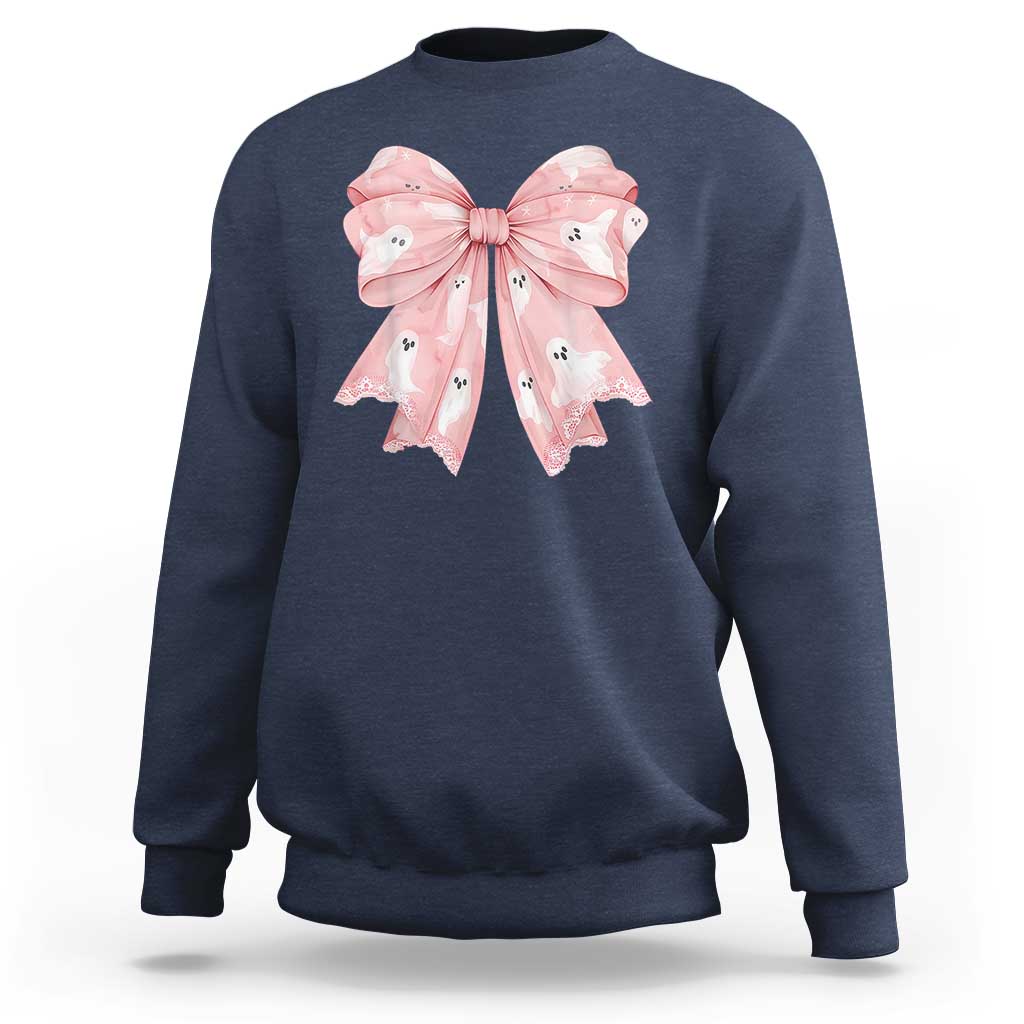 Pink Ghost Bow Coquette Sweatshirt Cute Girlly Boo Sheet Halloween Spooky Season - Wonder Print Shop