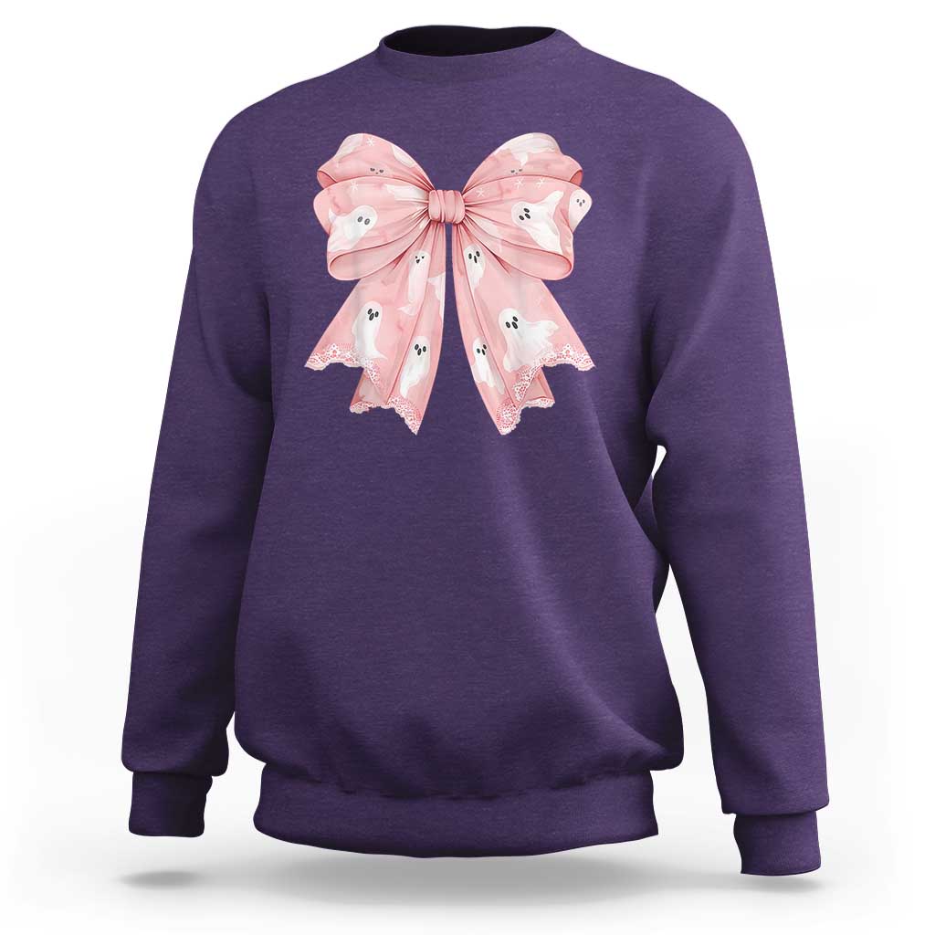 Pink Ghost Bow Coquette Sweatshirt Cute Girlly Boo Sheet Halloween Spooky Season - Wonder Print Shop