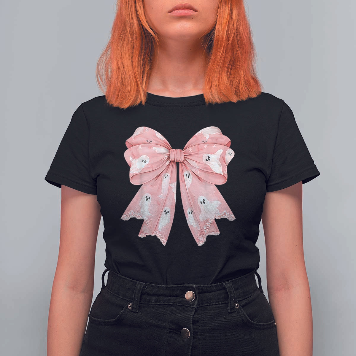 Pink Ghost Bow Coquette T Shirt For Women Cute Girlly Boo Sheet Halloween Spooky Season - Wonder Print Shop