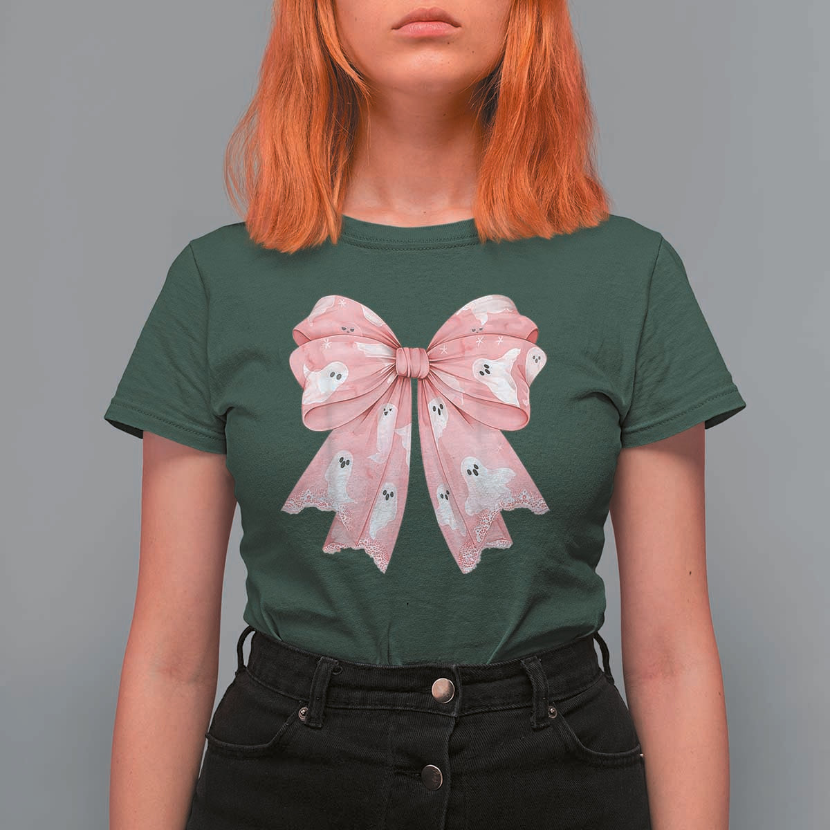 Pink Ghost Bow Coquette T Shirt For Women Cute Girlly Boo Sheet Halloween Spooky Season - Wonder Print Shop