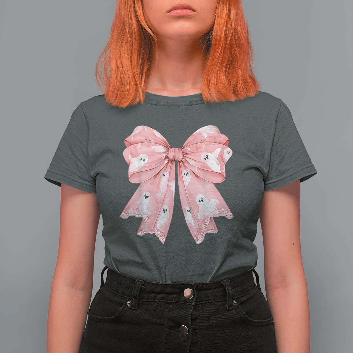 Pink Ghost Bow Coquette T Shirt For Women Cute Girlly Boo Sheet Halloween Spooky Season - Wonder Print Shop