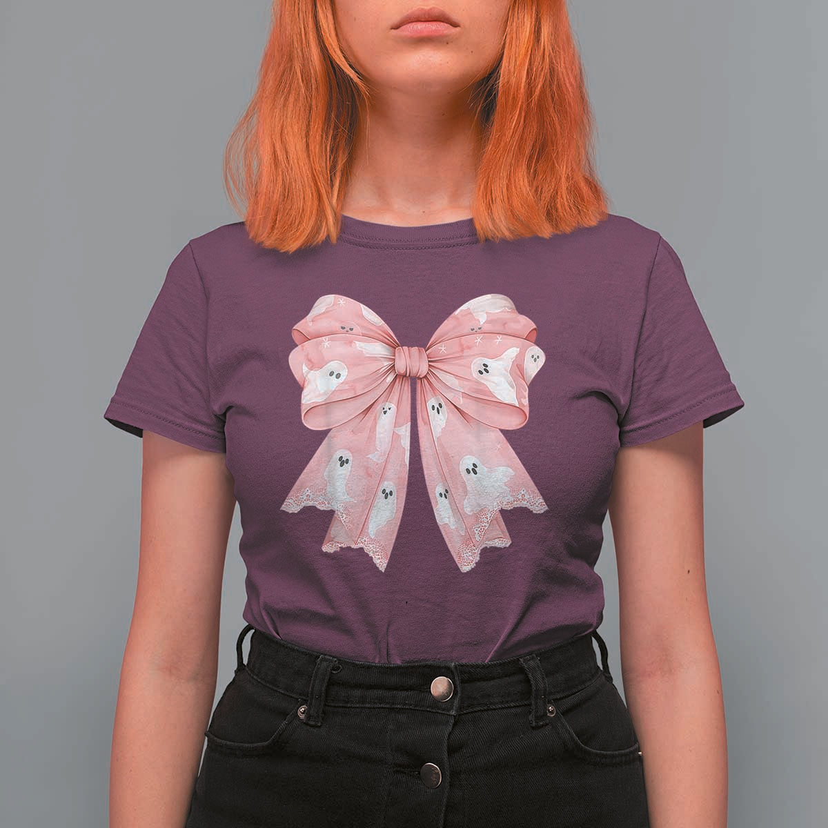 Pink Ghost Bow Coquette T Shirt For Women Cute Girlly Boo Sheet Halloween Spooky Season - Wonder Print Shop