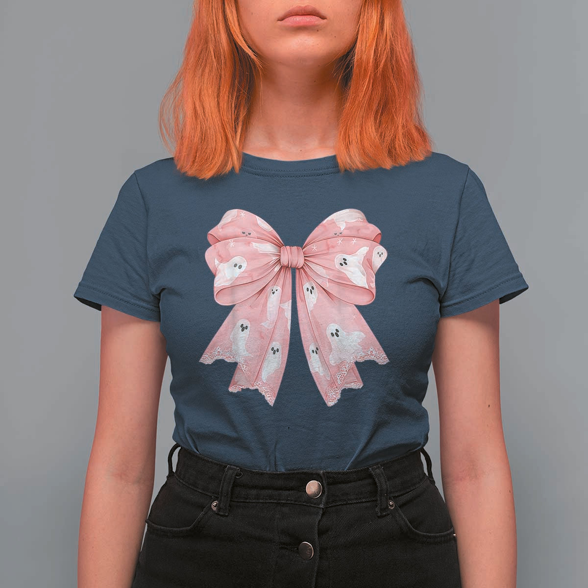 Pink Ghost Bow Coquette T Shirt For Women Cute Girlly Boo Sheet Halloween Spooky Season - Wonder Print Shop