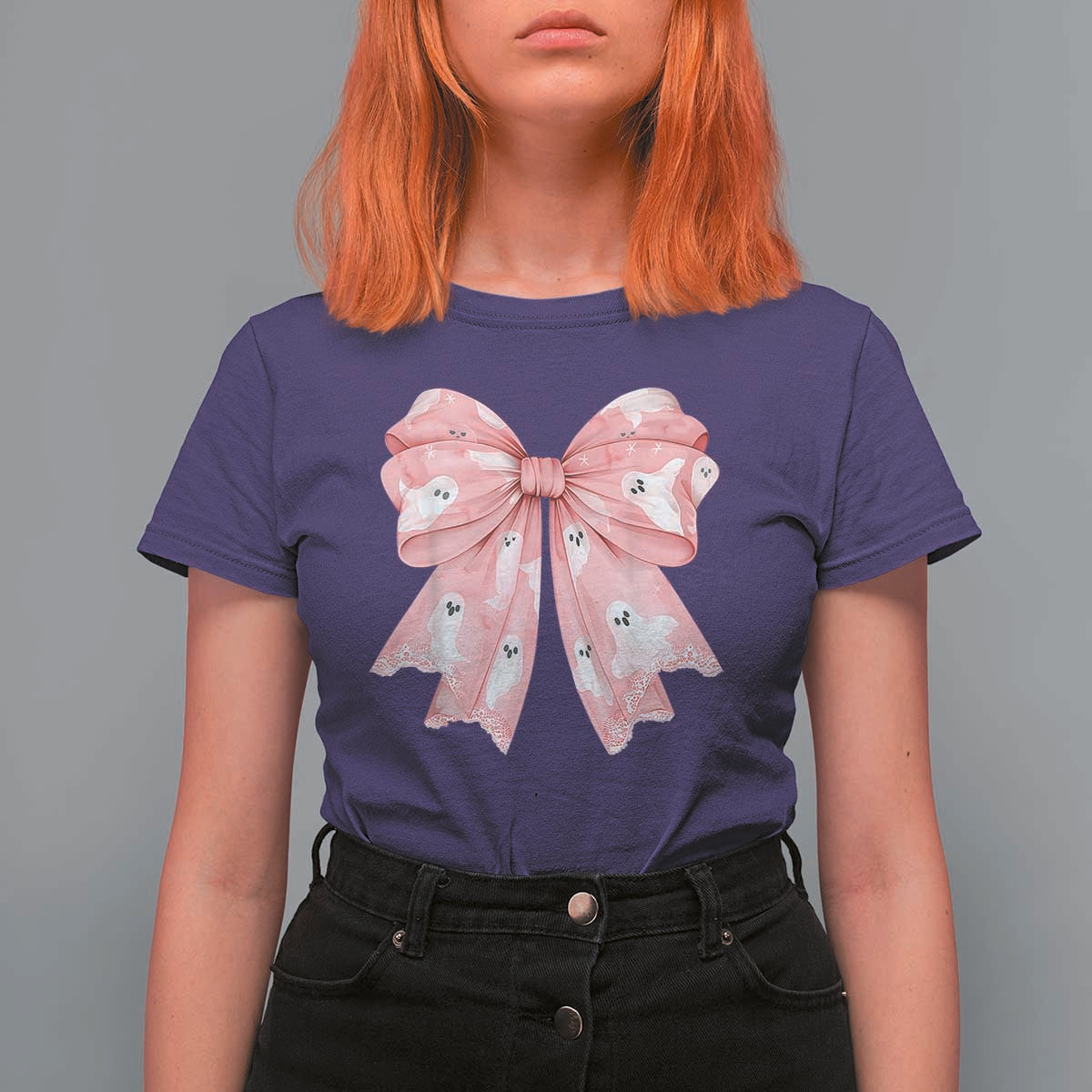 Pink Ghost Bow Coquette T Shirt For Women Cute Girlly Boo Sheet Halloween Spooky Season - Wonder Print Shop