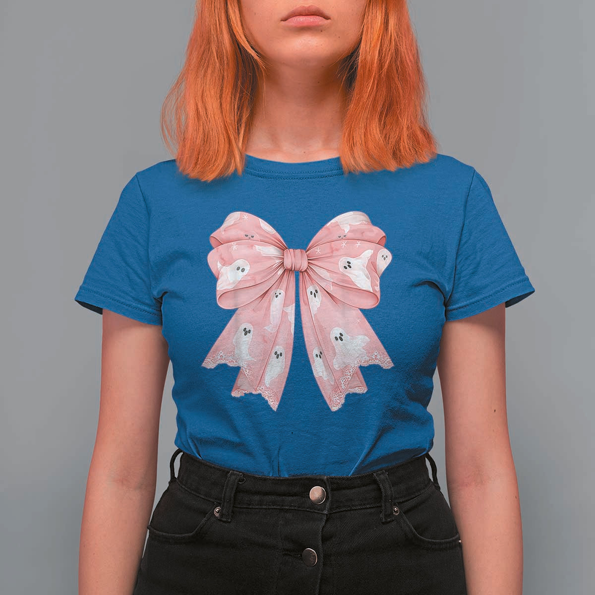 Pink Ghost Bow Coquette T Shirt For Women Cute Girlly Boo Sheet Halloween Spooky Season - Wonder Print Shop