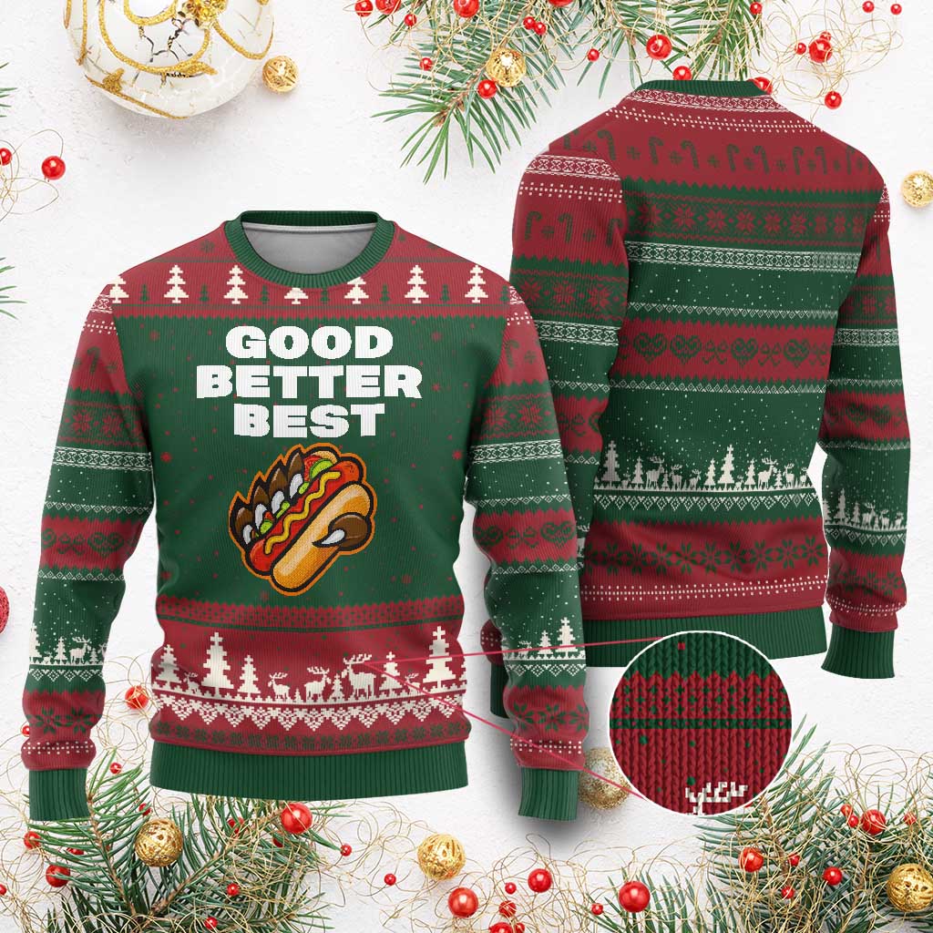 Good Better Best Chicago Football Inspirational Ugly Christmas Sweater Funny Hot Dog and Claw Graphic - Wonder Print Shop