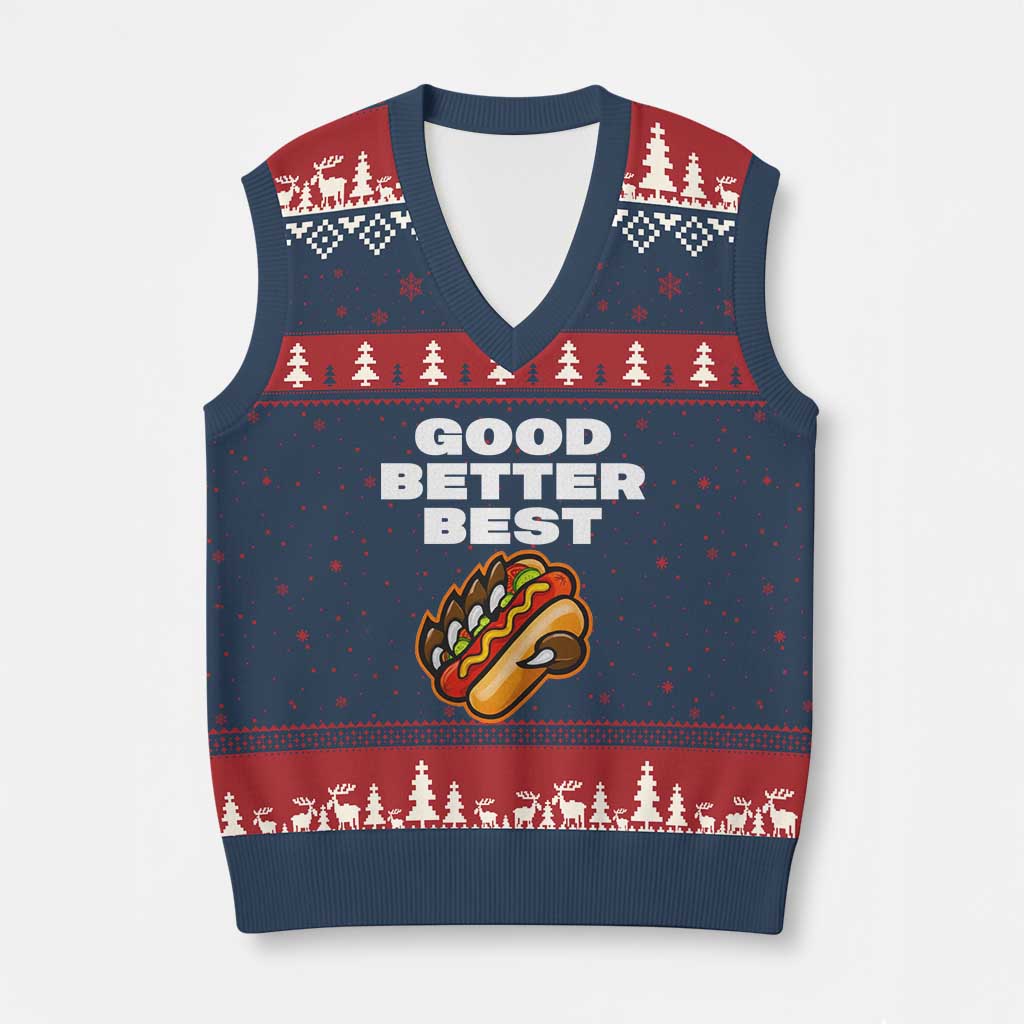 Good Better Best Chicago Football Inspirational V-Neck Knit Sweater Vest Funny Hot Dog and Claw Graphic - Wonder Print Shop