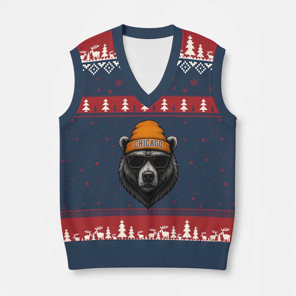 Cool Bear Chicago Graphic V-Neck Knit Sweater Vest Retro Vibe City Pride Beanie and Sunglasses - Wonder Print Shop