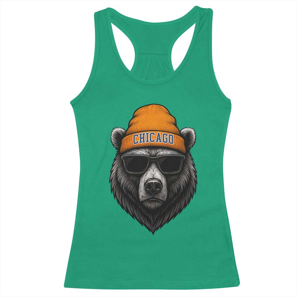 Cool Bear Chicago Graphic Racerback Tank Top Retro Vibe City Pride Beanie and Sunglasses - Wonder Print Shop