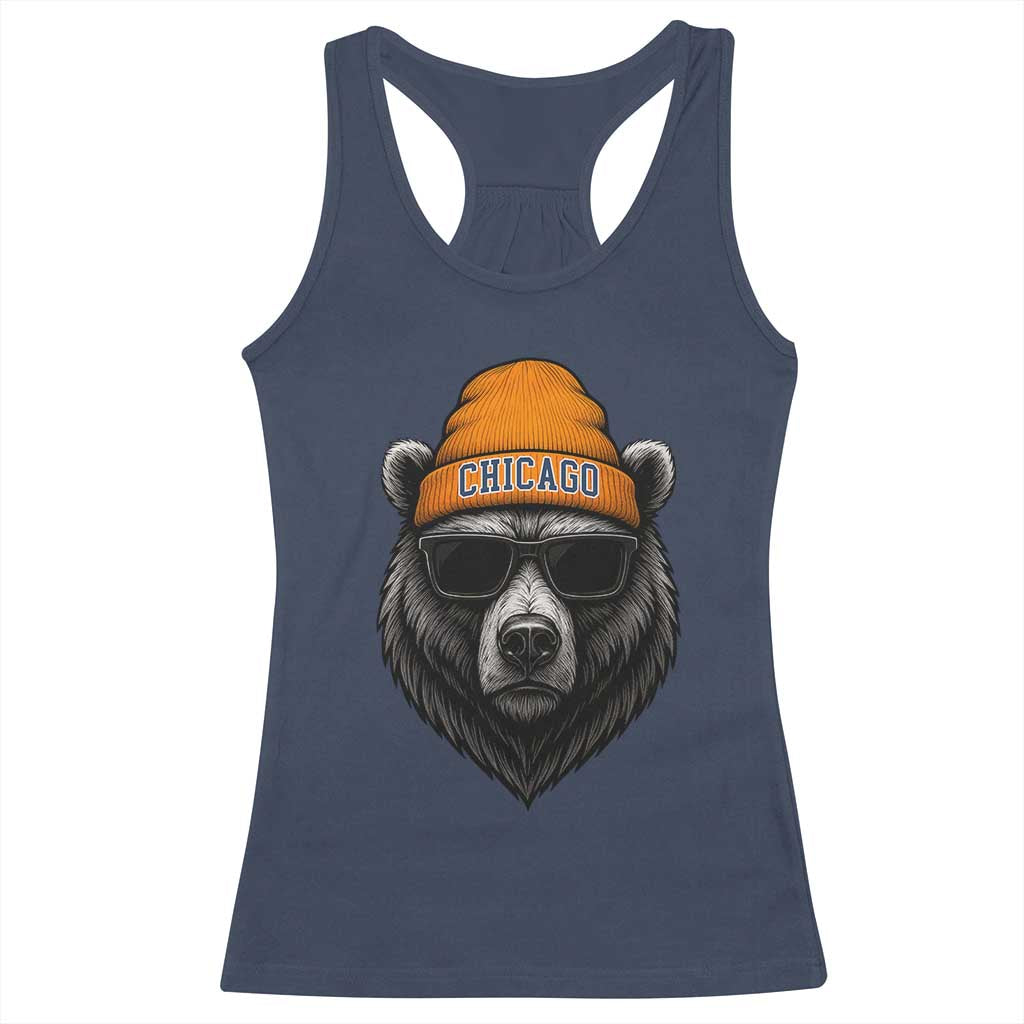 Cool Bear Chicago Graphic Racerback Tank Top Retro Vibe City Pride Beanie and Sunglasses - Wonder Print Shop