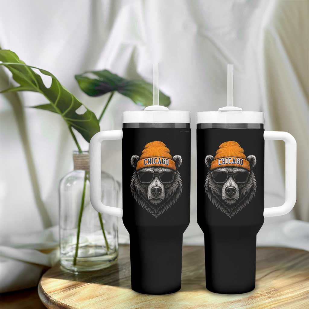 Cool Bear Chicago Graphic Tumbler With Handle Retro Vibe City Pride Beanie and Sunglasses - Wonder Print Shop