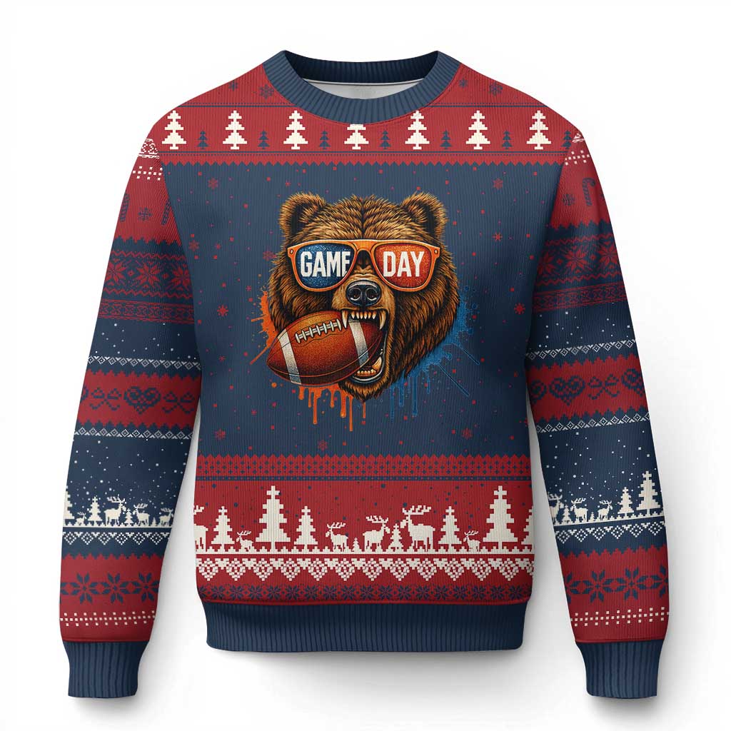 Cool Game Day Bear Graphic Ugly Christmas Sweater Bold Football Fan Dripping Paint - Wonder Print Shop
