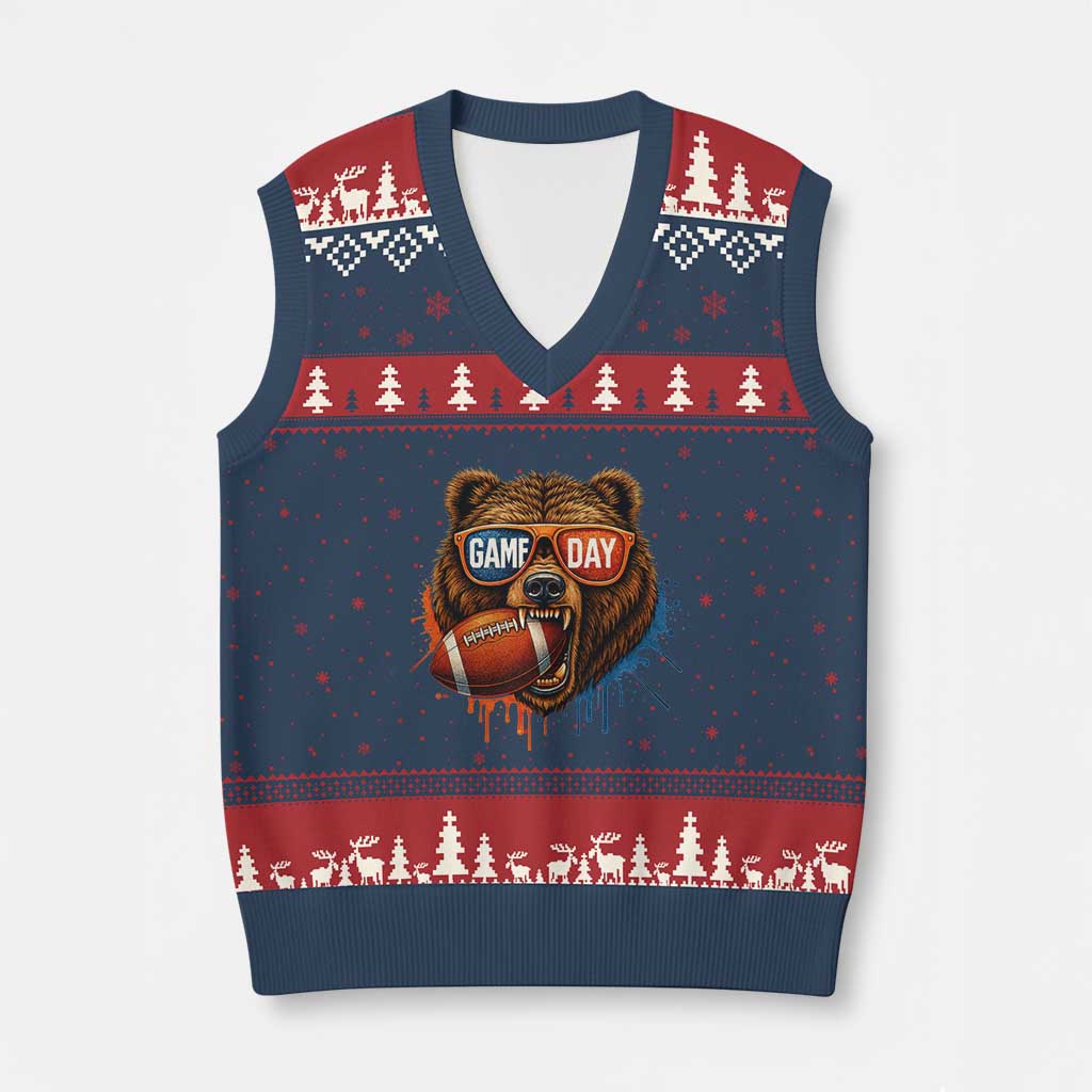 Cool Game Day Bear Graphic V-Neck Knit Sweater Vest Bold Football Fan Dripping Paint - Wonder Print Shop