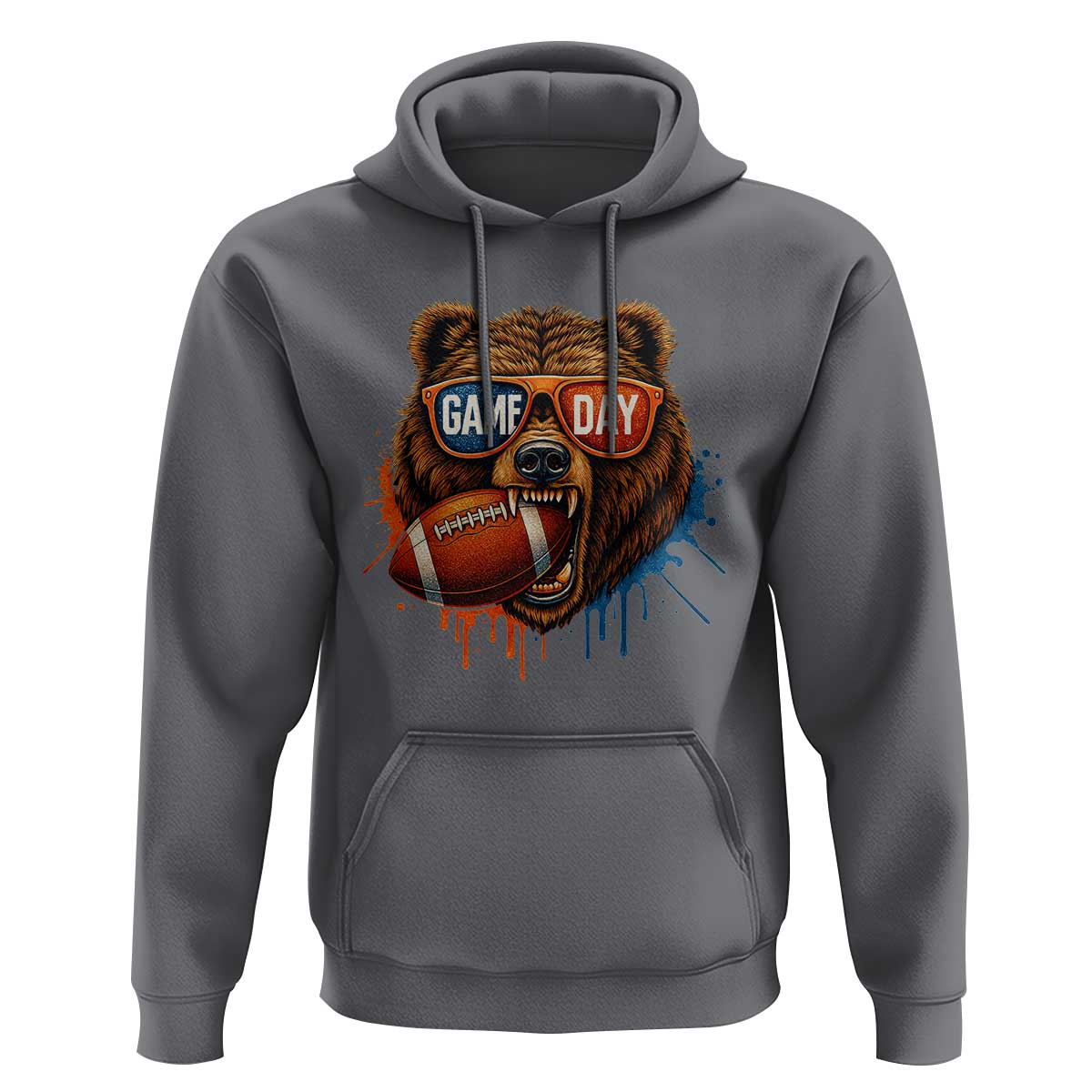 Cool Game Day Bear Graphic Hoodie Bold Football Fan Dripping Paint - Wonder Print Shop