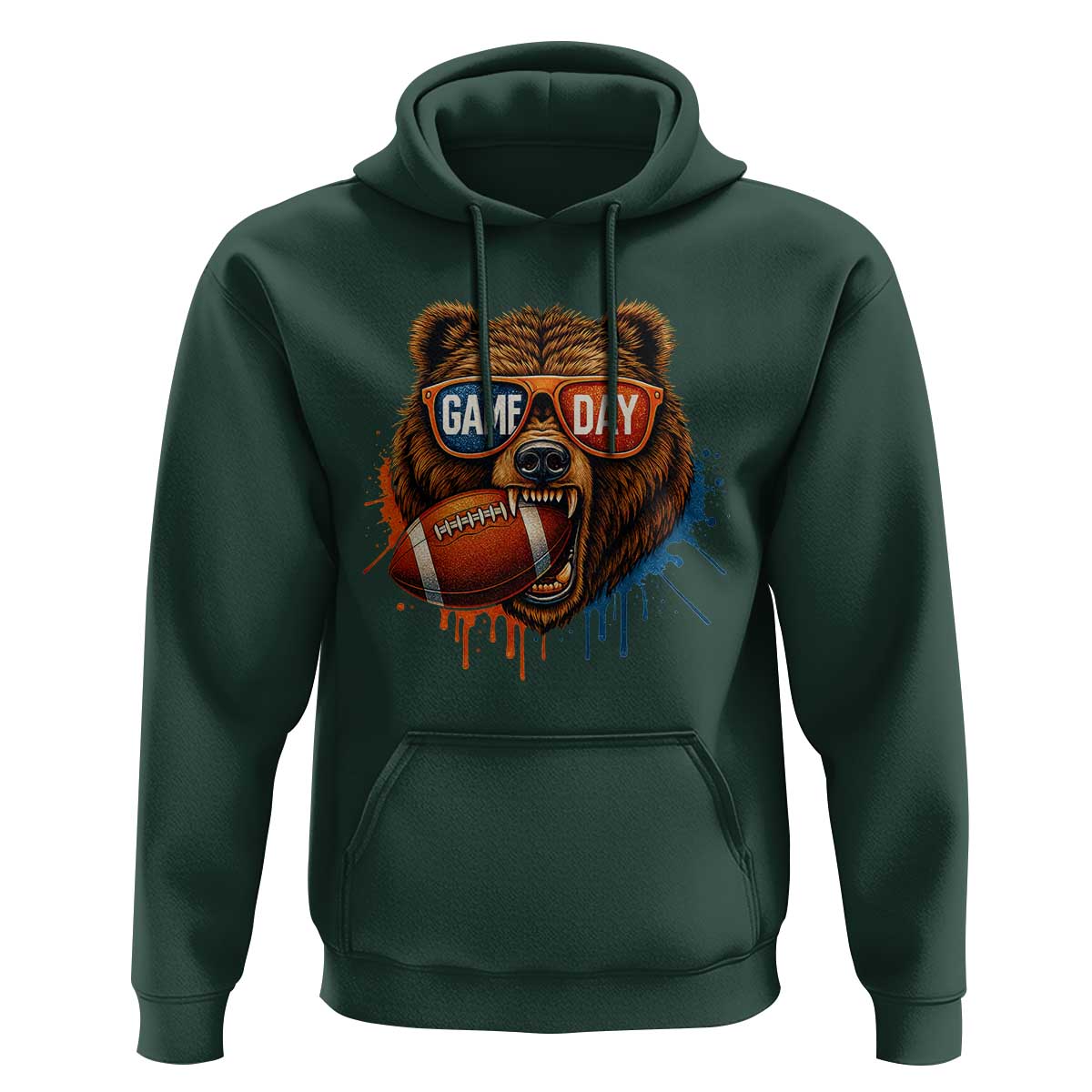 Cool Game Day Bear Graphic Hoodie Bold Football Fan Dripping Paint - Wonder Print Shop