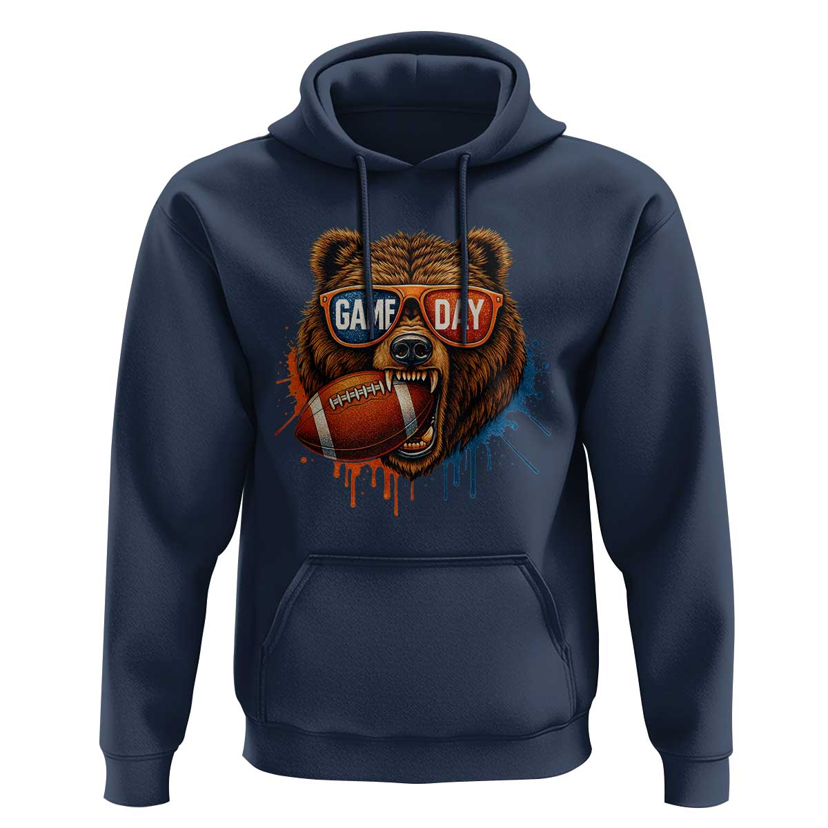 Cool Game Day Bear Graphic Hoodie Bold Football Fan Dripping Paint - Wonder Print Shop