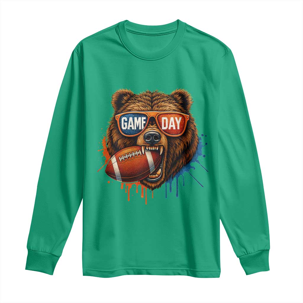 Cool Game Day Bear Graphic Long Sleeve Shirt Bold Football Fan Dripping Paint - Wonder Print Shop