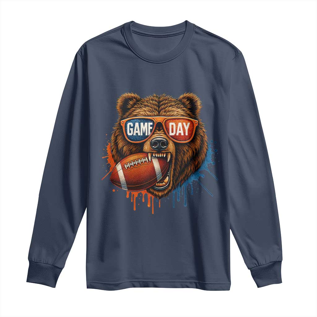 Cool Game Day Bear Graphic Long Sleeve Shirt Bold Football Fan Dripping Paint - Wonder Print Shop