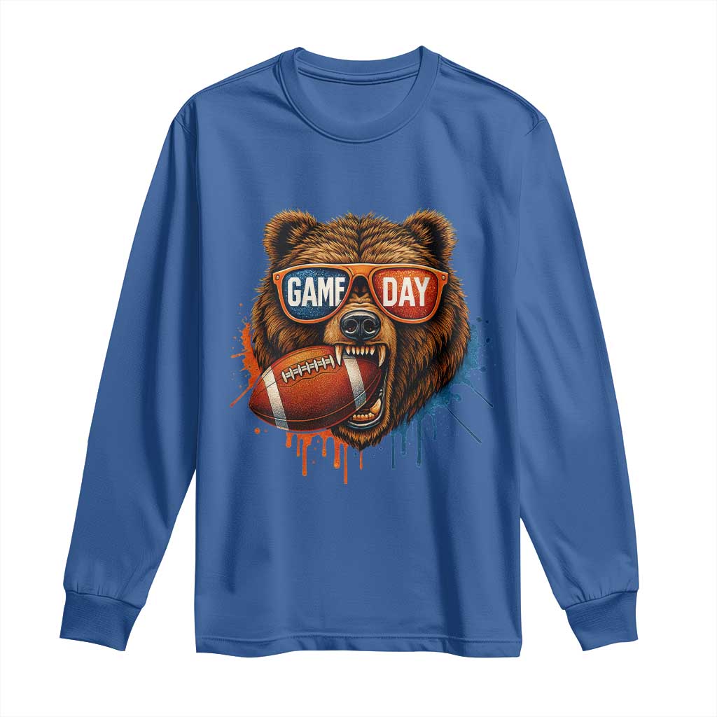 Cool Game Day Bear Graphic Long Sleeve Shirt Bold Football Fan Dripping Paint - Wonder Print Shop