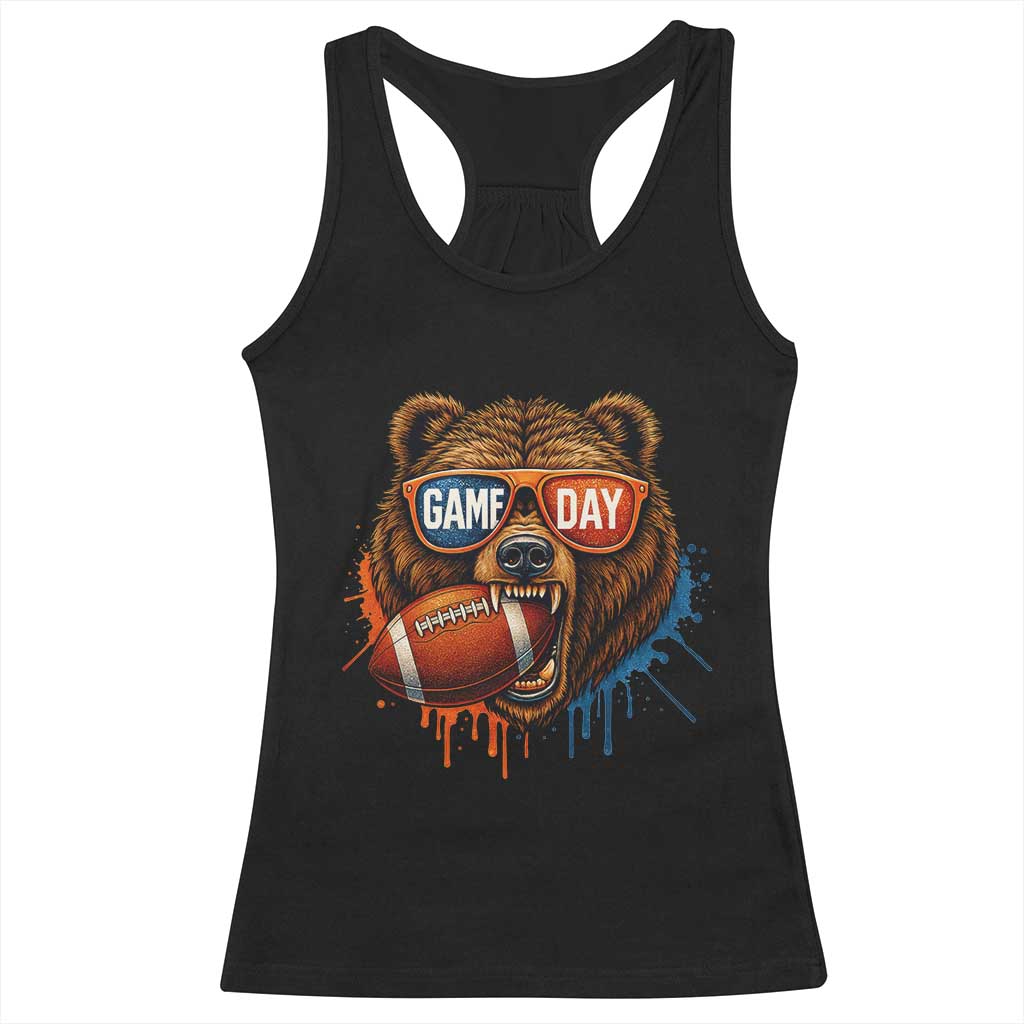 Cool Game Day Bear Graphic Racerback Tank Top Bold Football Fan Dripping Paint - Wonder Print Shop