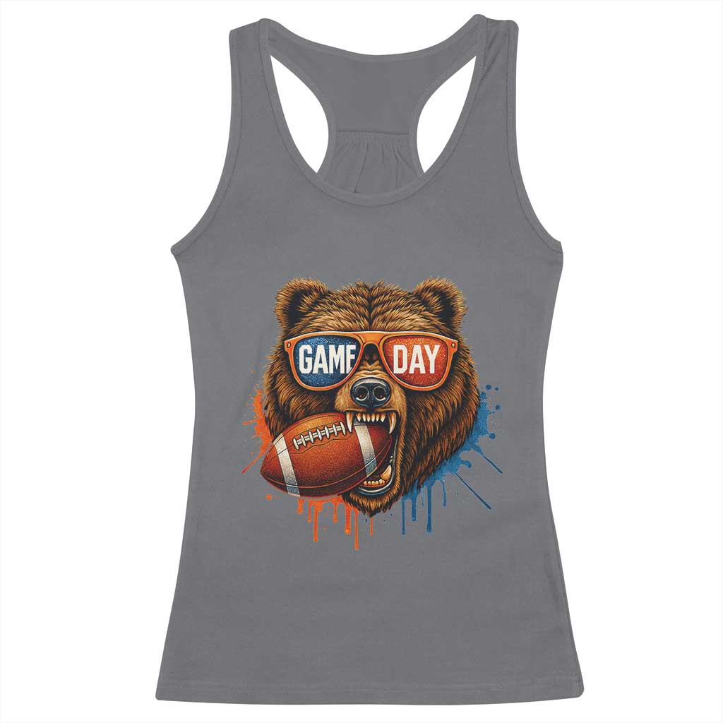 Cool Game Day Bear Graphic Racerback Tank Top Bold Football Fan Dripping Paint - Wonder Print Shop