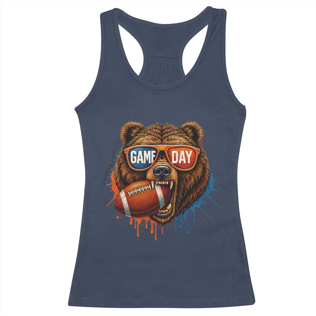 Cool Game Day Bear Graphic Racerback Tank Top Bold Football Fan Dripping Paint - Wonder Print Shop