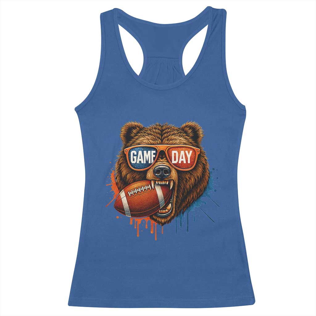 Cool Game Day Bear Graphic Racerback Tank Top Bold Football Fan Dripping Paint - Wonder Print Shop