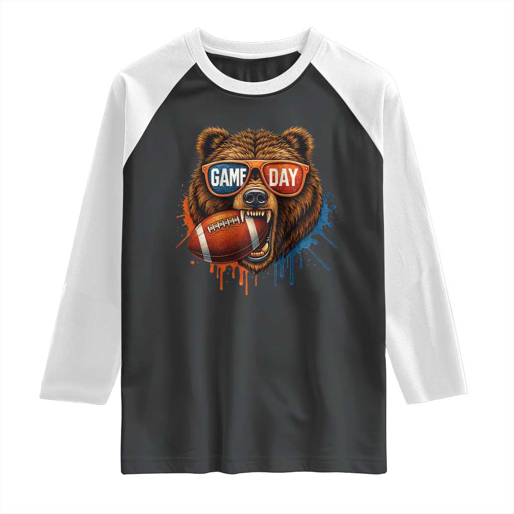 Cool Game Day Bear Graphic Raglan Shirt Bold Football Fan Dripping Paint - Wonder Print Shop