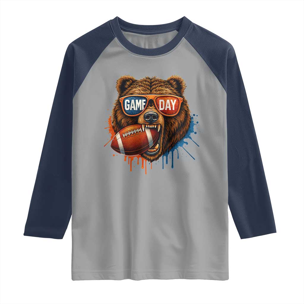 Cool Game Day Bear Graphic Raglan Shirt Bold Football Fan Dripping Paint - Wonder Print Shop