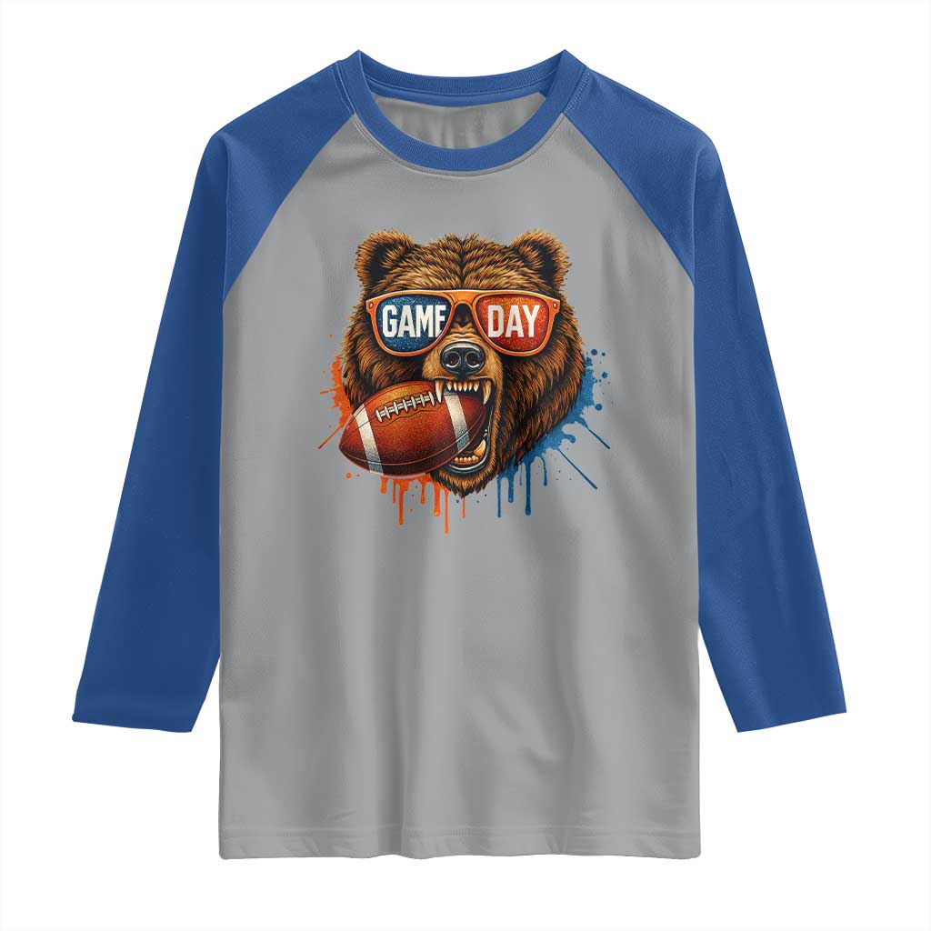 Cool Game Day Bear Graphic Raglan Shirt Bold Football Fan Dripping Paint - Wonder Print Shop