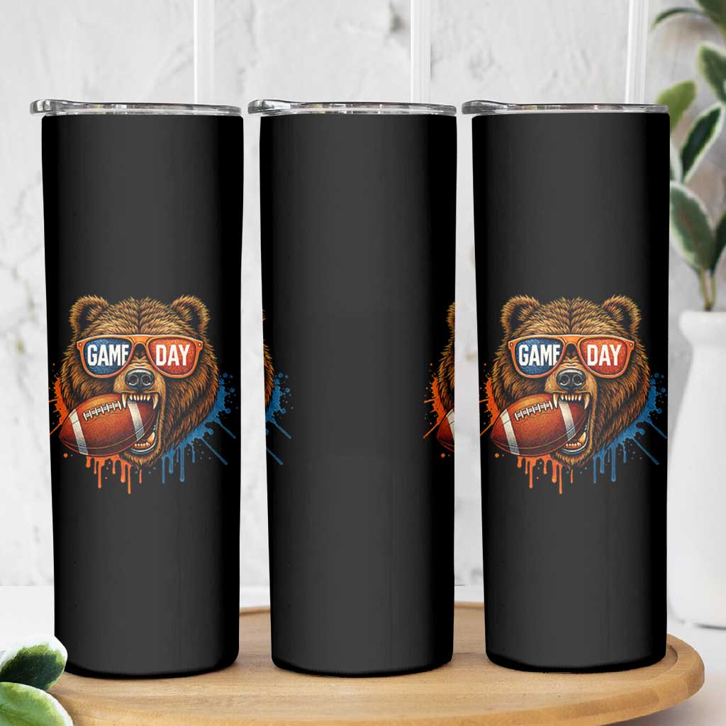 Cool Game Day Bear Graphic Skinny Tumbler Bold Football Fan Dripping Paint - Wonder Print Shop