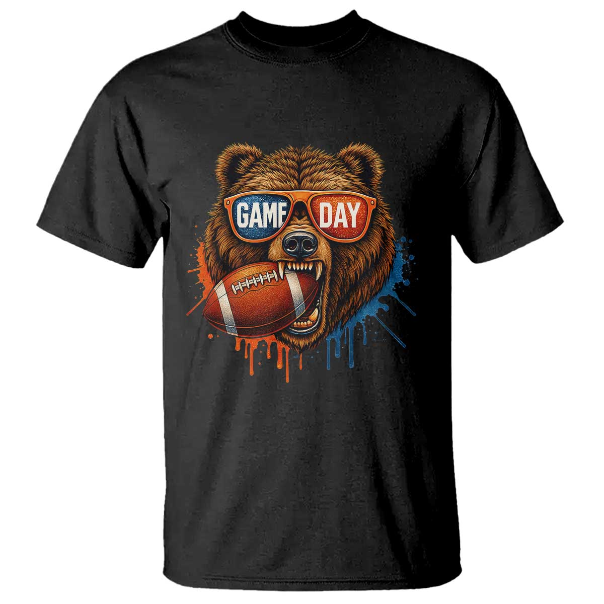 Cool Game Day Bear Graphic T Shirt Bold Football Fan Dripping Paint - Wonder Print Shop