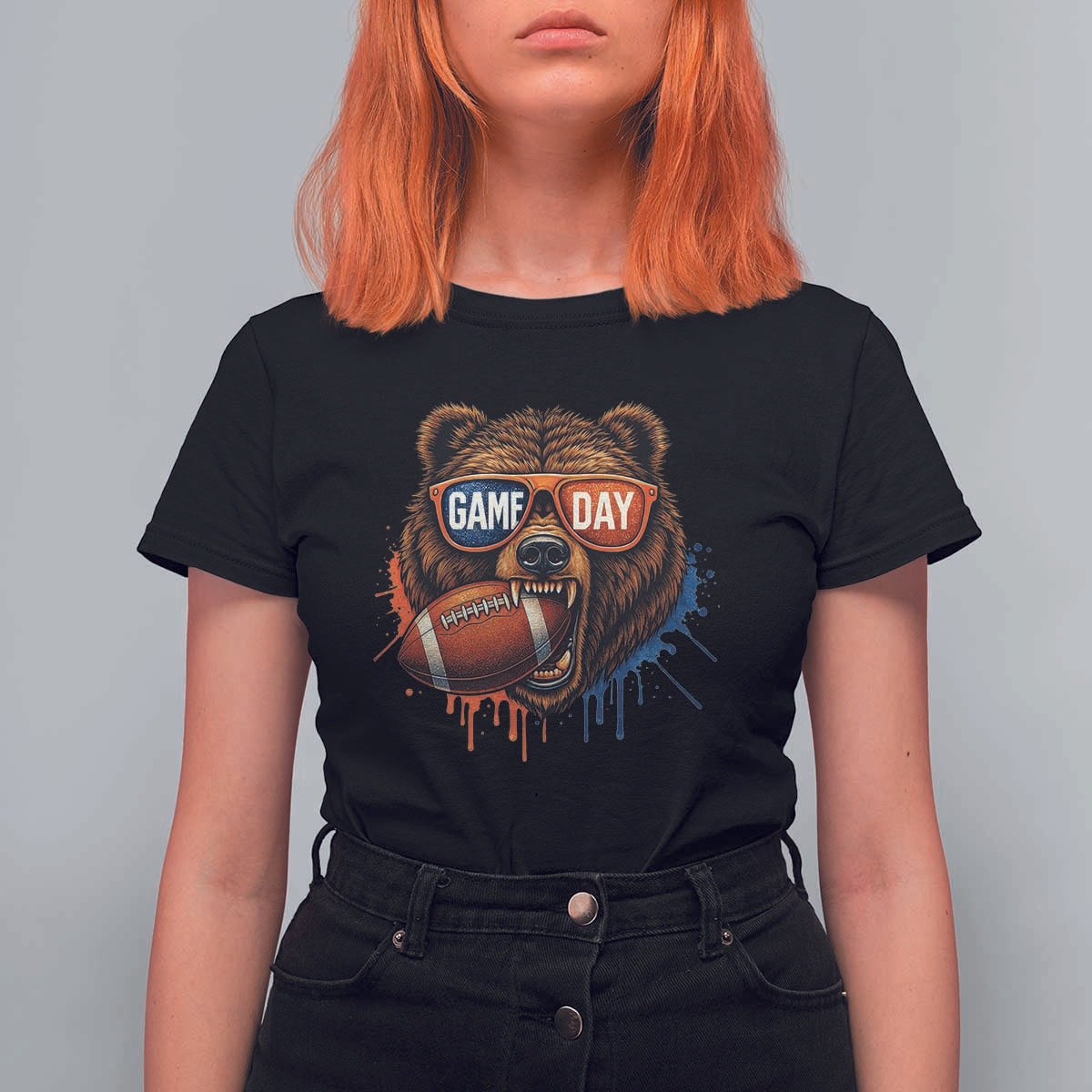 Cool Game Day Bear Graphic T Shirt For Women Bold Football Fan Dripping Paint - Wonder Print Shop