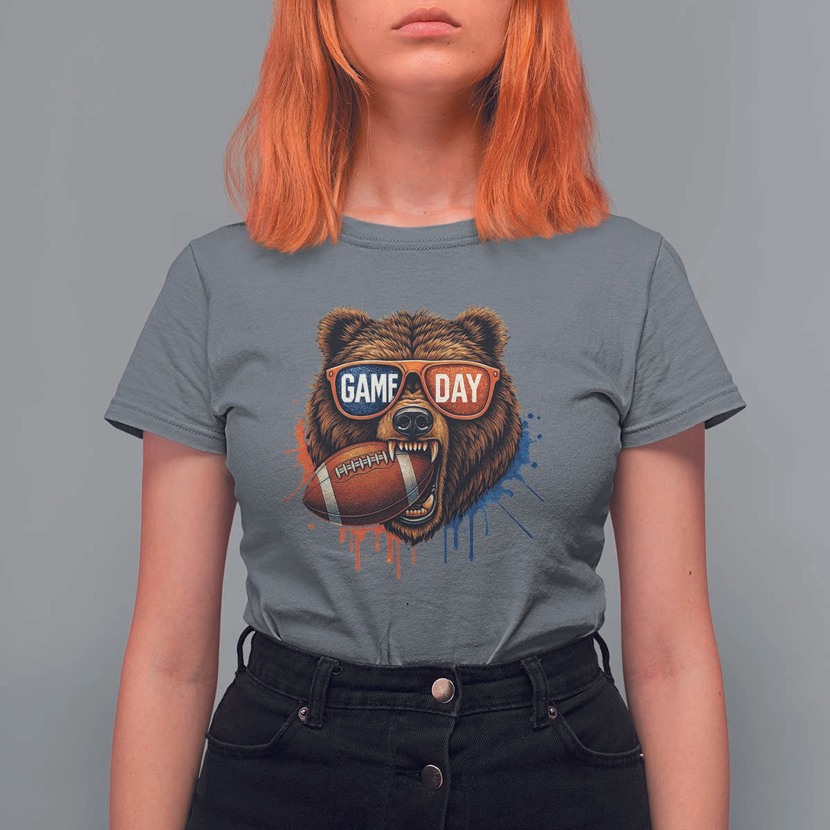 Cool Game Day Bear Graphic T Shirt For Women Bold Football Fan Dripping Paint - Wonder Print Shop