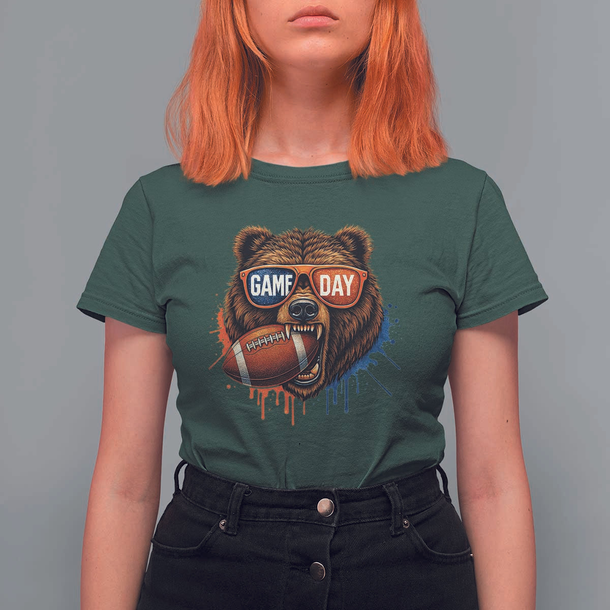 Cool Game Day Bear Graphic T Shirt For Women Bold Football Fan Dripping Paint - Wonder Print Shop