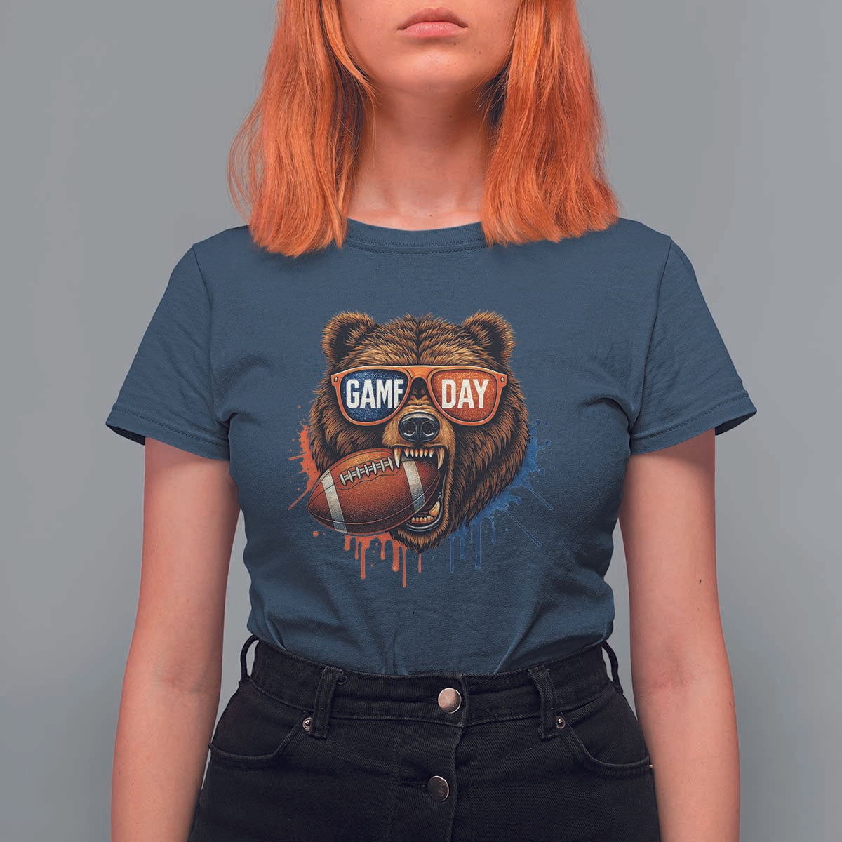 Cool Game Day Bear Graphic T Shirt For Women Bold Football Fan Dripping Paint - Wonder Print Shop