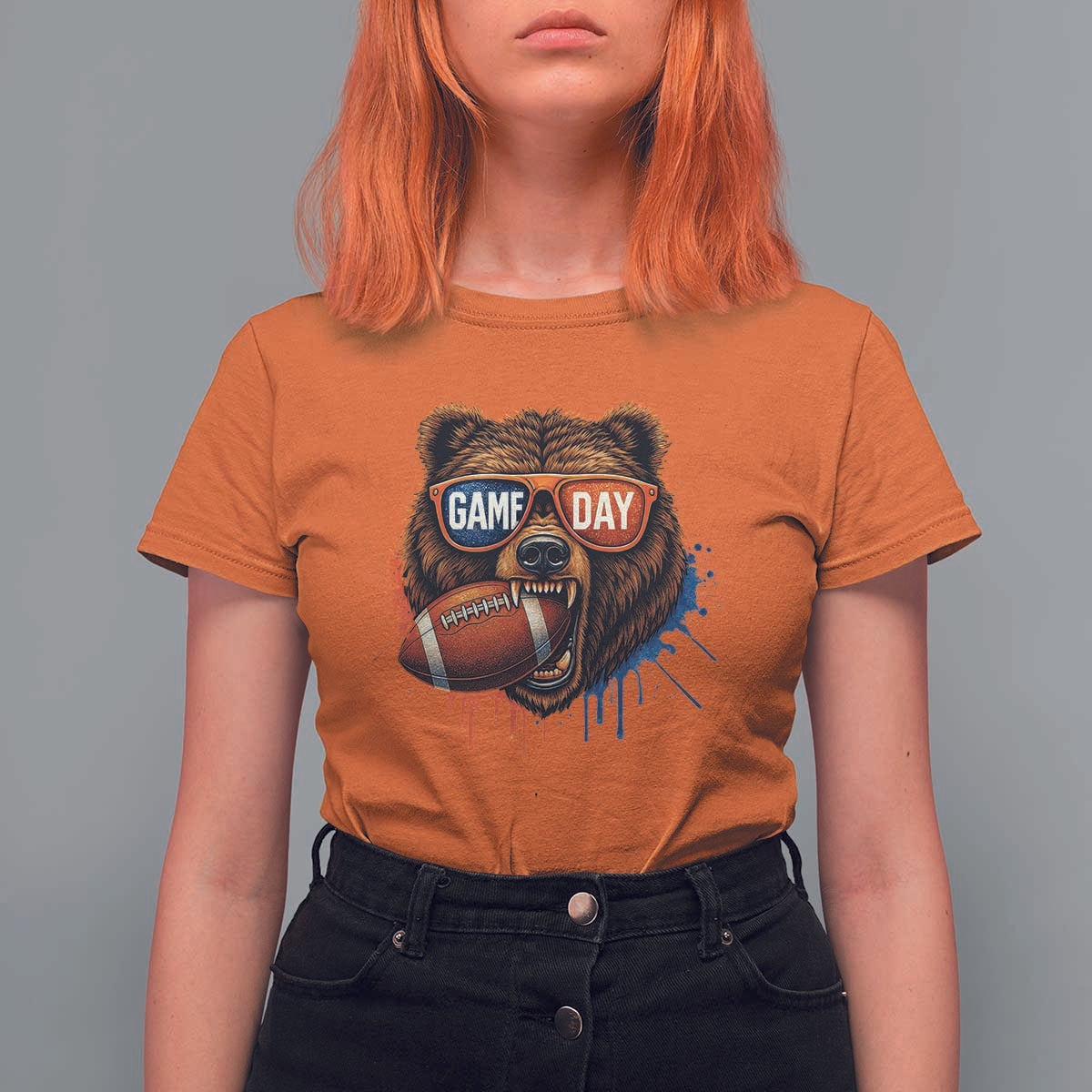 Cool Game Day Bear Graphic T Shirt For Women Bold Football Fan Dripping Paint - Wonder Print Shop