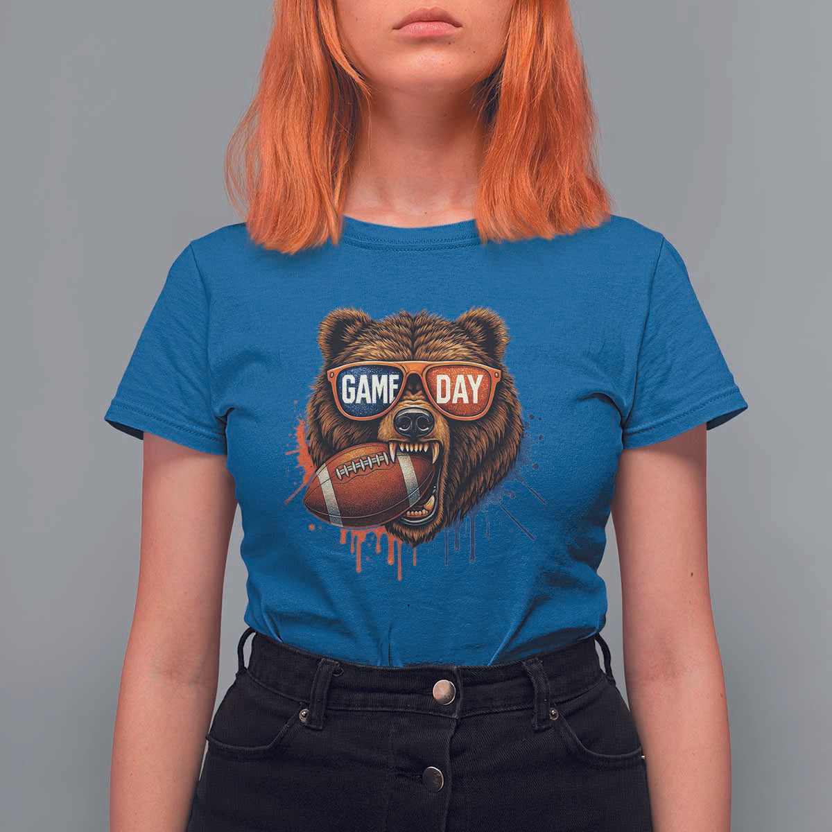 Cool Game Day Bear Graphic T Shirt For Women Bold Football Fan Dripping Paint - Wonder Print Shop