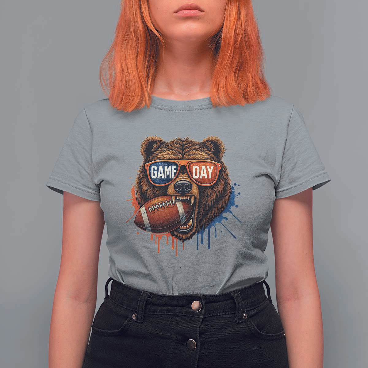 Cool Game Day Bear Graphic T Shirt For Women Bold Football Fan Dripping Paint - Wonder Print Shop