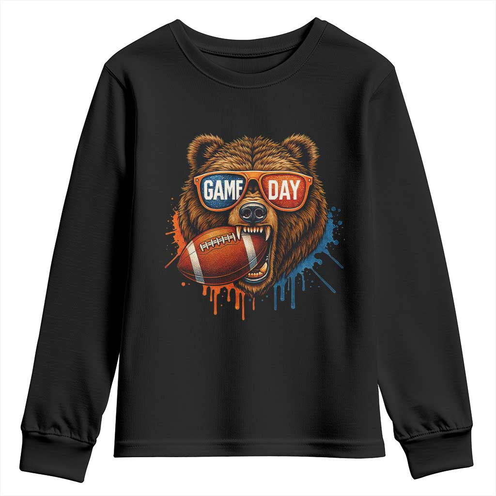 Cool Game Day Bear Graphic Youth Sweatshirt Bold Football Fan Dripping Paint - Wonder Print Shop