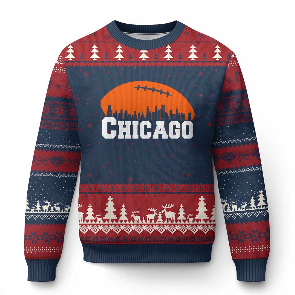 Chicago Skyline Football Graphic Ugly Christmas Sweater Bold Windy City Fan Art for Game Days - Wonder Print Shop