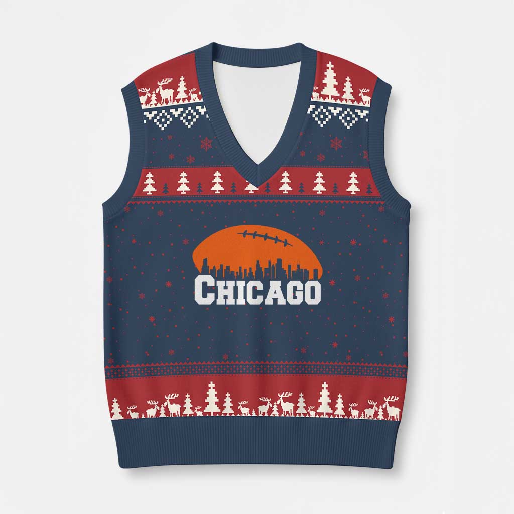 Chicago Skyline Football Graphic V-Neck Knit Sweater Vest Bold Windy City Fan Art for Game Days - Wonder Print Shop