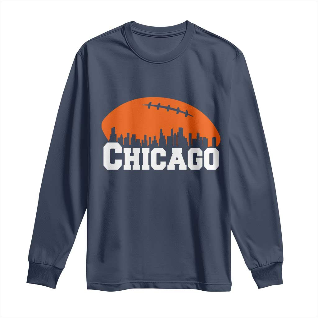 Chicago Skyline Football Graphic Long Sleeve Shirt Bold Windy City Fan Art for Game Days - Wonder Print Shop