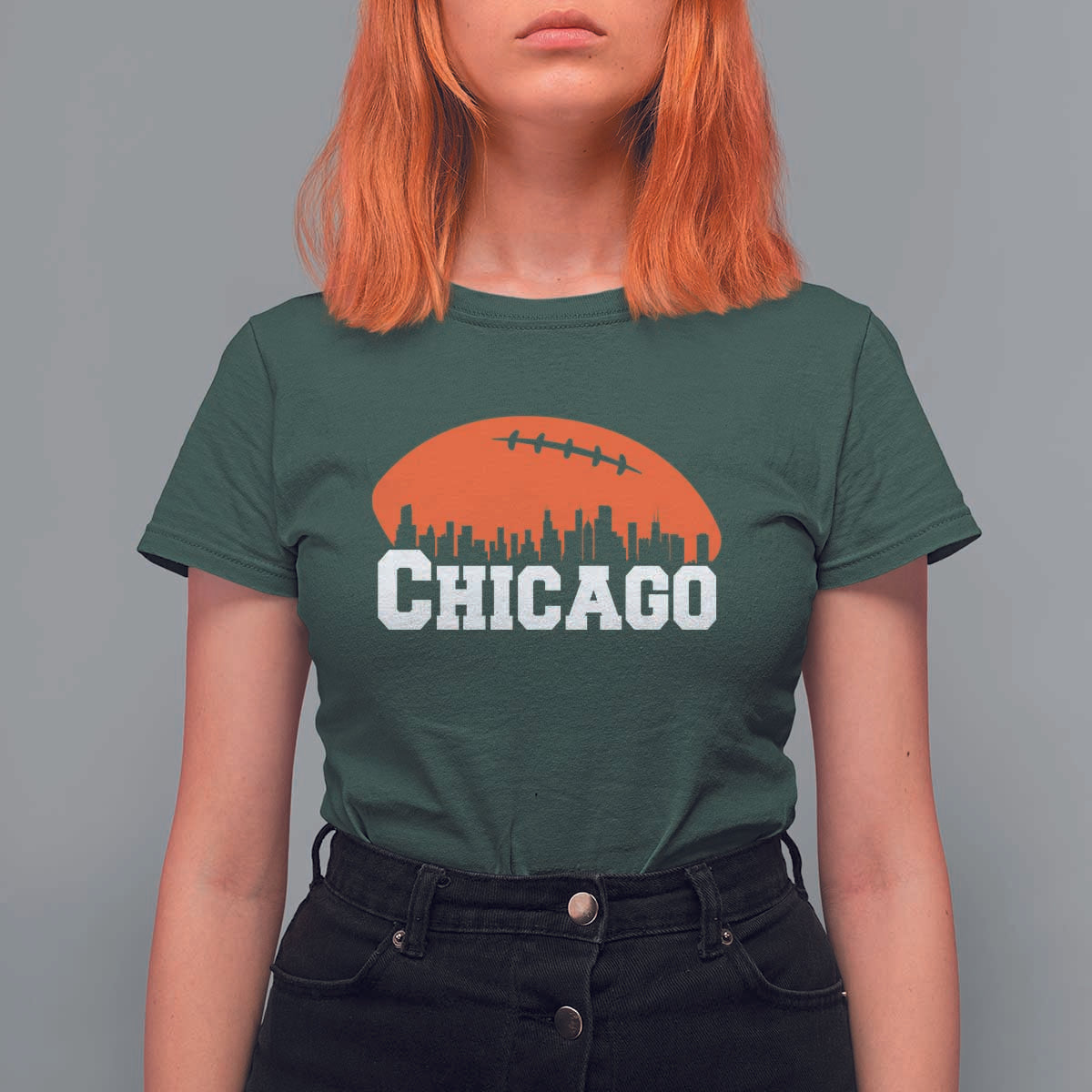 Chicago Skyline Football Graphic T Shirt For Women Bold Windy City Fan Art for Game Days - Wonder Print Shop