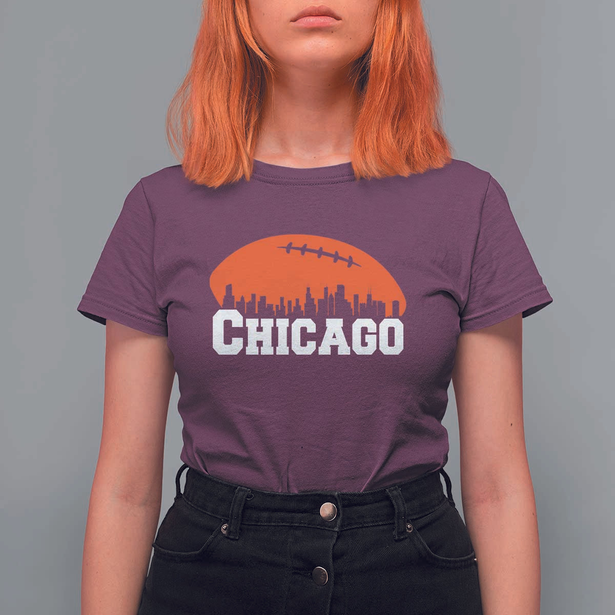 Chicago Skyline Football Graphic T Shirt For Women Bold Windy City Fan Art for Game Days - Wonder Print Shop