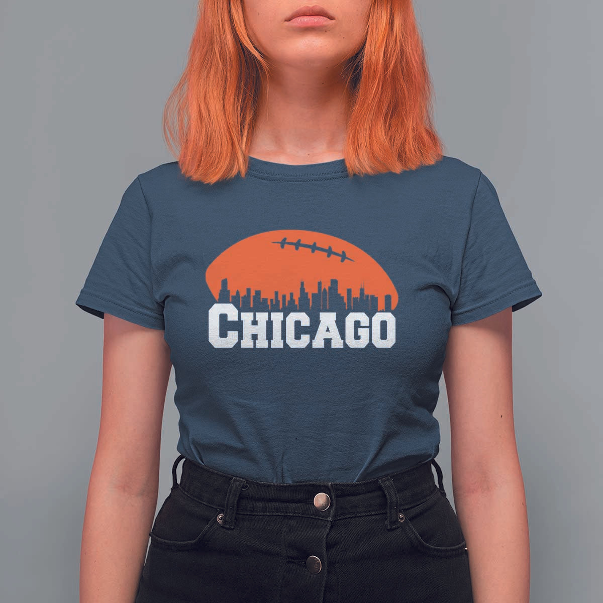 Chicago Skyline Football Graphic T Shirt For Women Bold Windy City Fan Art for Game Days - Wonder Print Shop