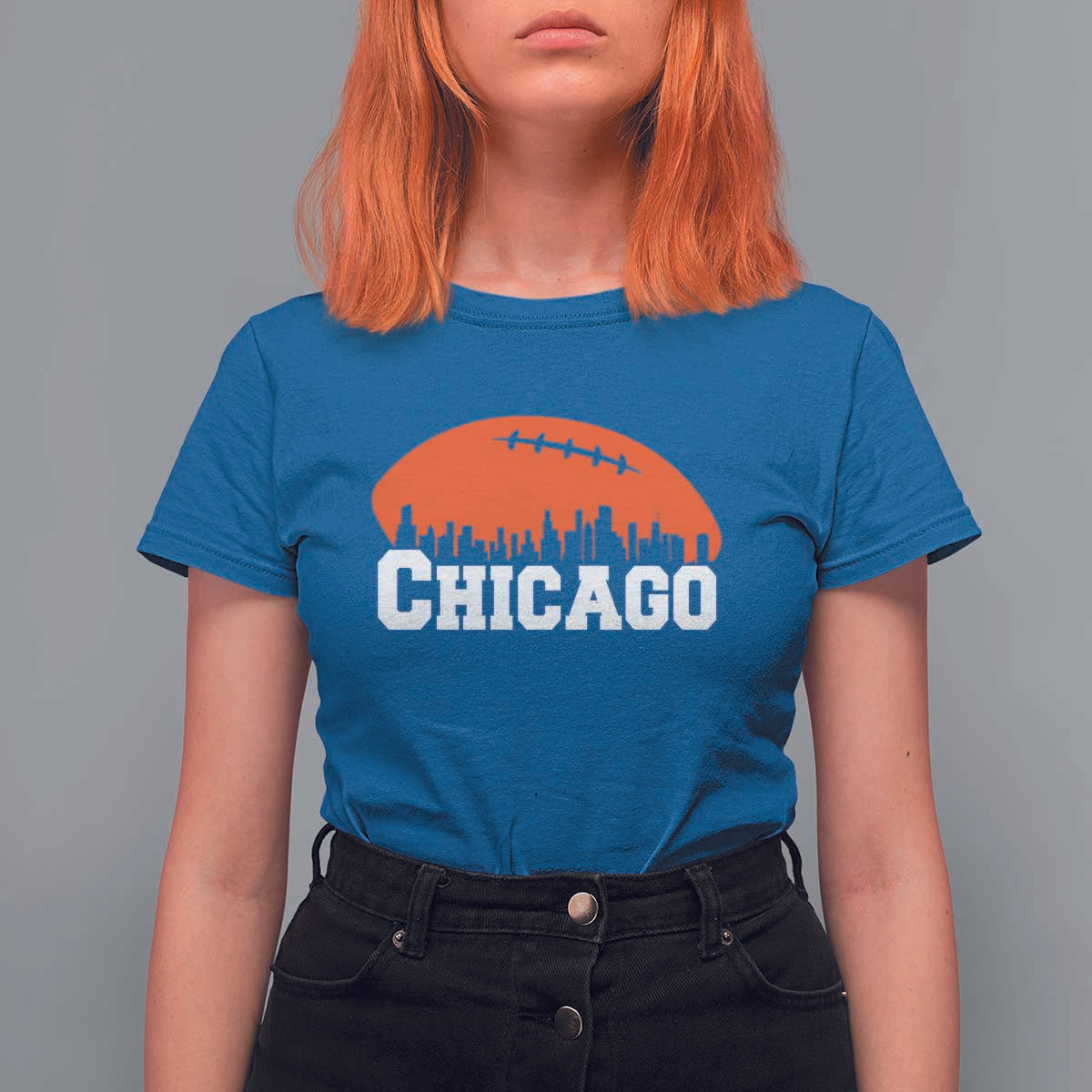 Chicago Skyline Football Graphic T Shirt For Women Bold Windy City Fan Art for Game Days - Wonder Print Shop